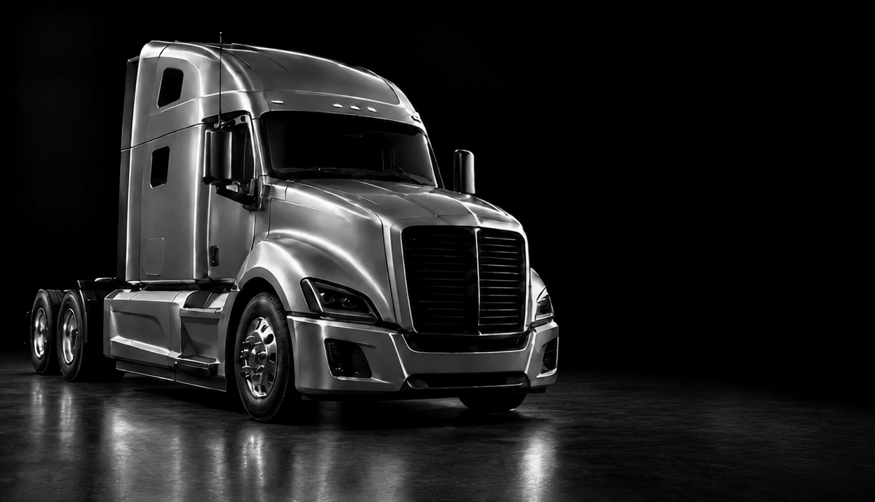 Silver truck in a dark studio with its headlights off